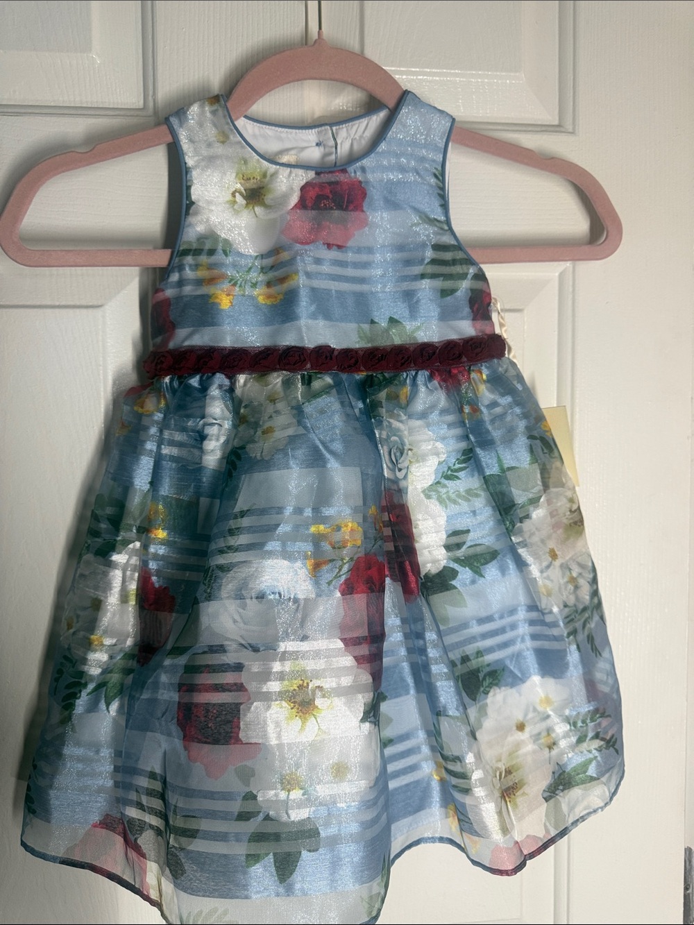 Laura Ashley Light Blue Floral Organza Dress with Burgundy Trim